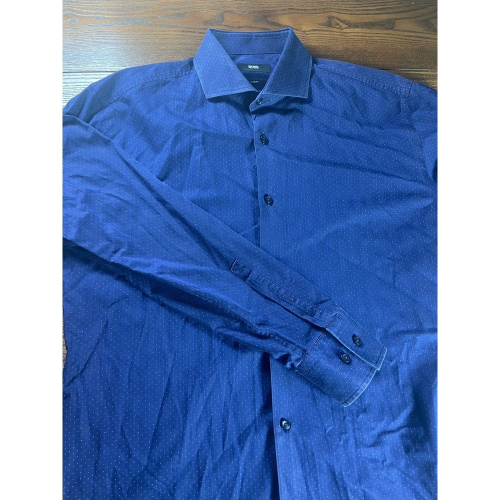BOSS Hugo Slim Fit Cotton Men Shirt Navy Blue Polka Dot Dress Size 41 16